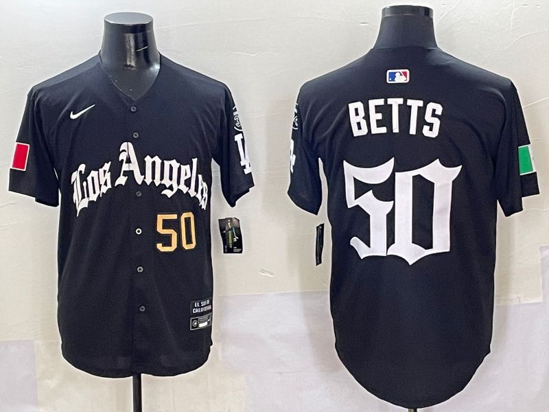 Men Los Angeles Dodgers #50 Betts Black Five generations Joint Name 2025 Nike MLB Jersey style 4
